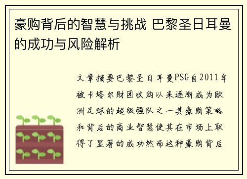 豪购背后的智慧与挑战 巴黎圣日耳曼的成功与风险解析