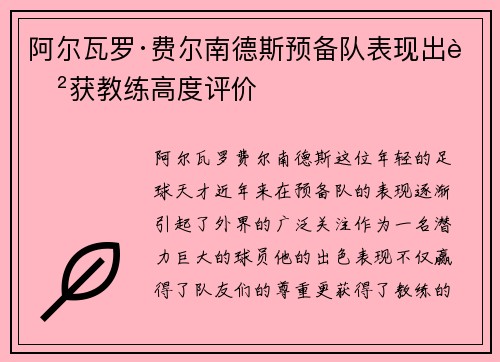 阿尔瓦罗·费尔南德斯预备队表现出色获教练高度评价