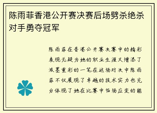 陈雨菲香港公开赛决赛后场劈杀绝杀对手勇夺冠军